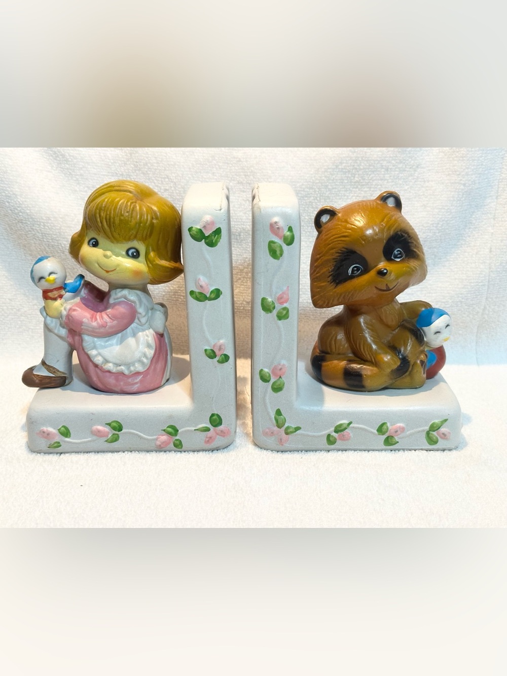 Vintage 1970s kitschy bookends little girl and racoon nursery decor